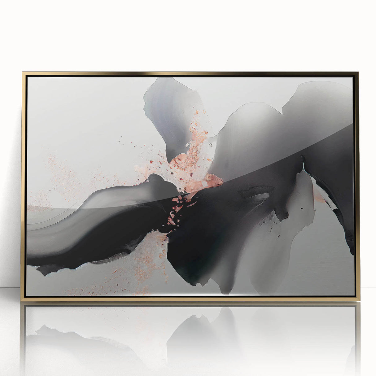 Framed wall art showcasing an abstract design with gold strokes and lines, perfect for modern decor. The acrylic front adds elegance and depth to any room.