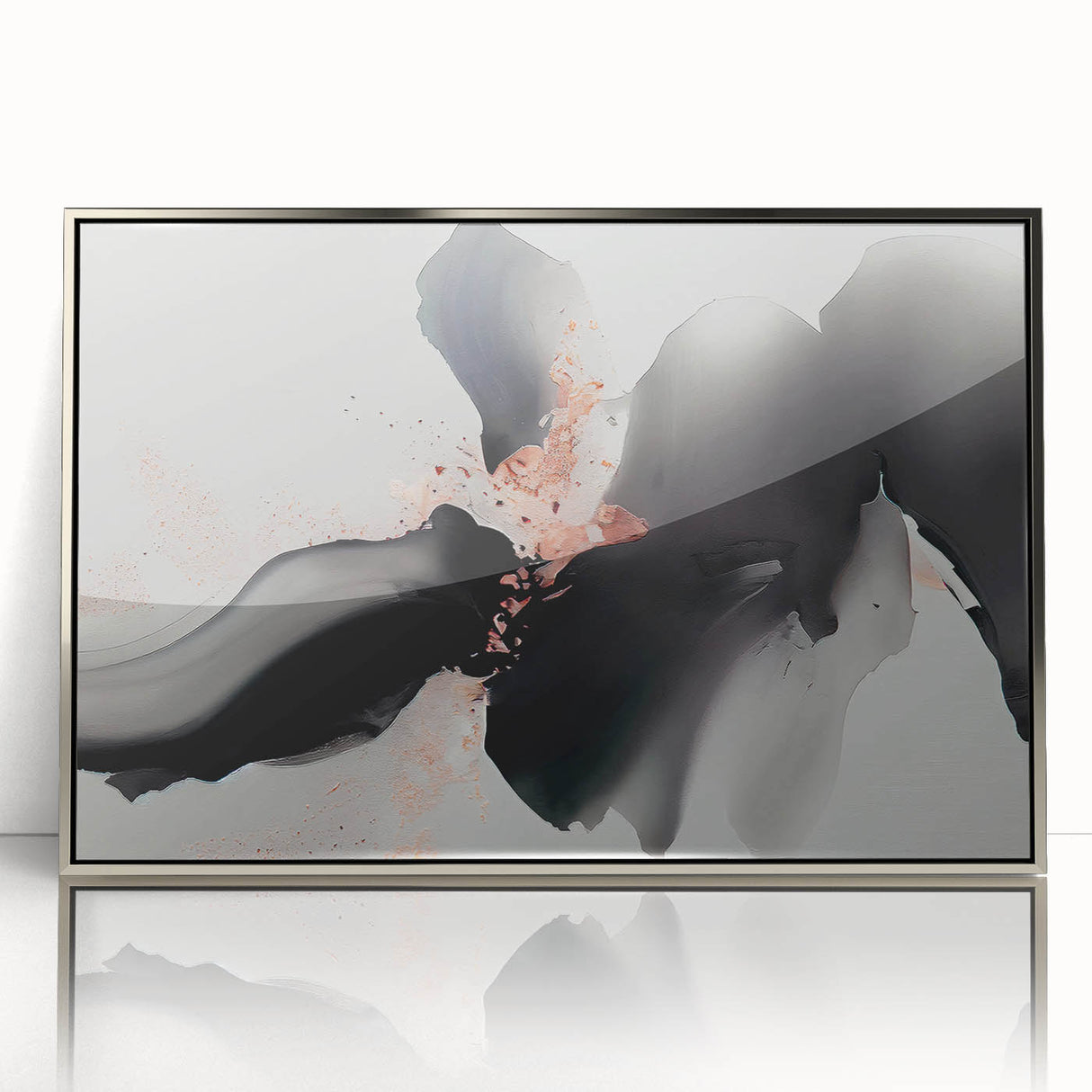 Framed wall art featuring an abstract design of colorful strokes and lines in silver tones, perfect for modern decor. Ideal for enhancing living spaces with contemporary aesthetics.
