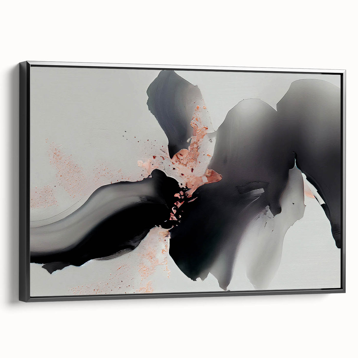 Framed canvas wall art showcasing an abstract design with colorful strokes and lines, featuring a sleek black frame and side view display, perfect for modern decor.