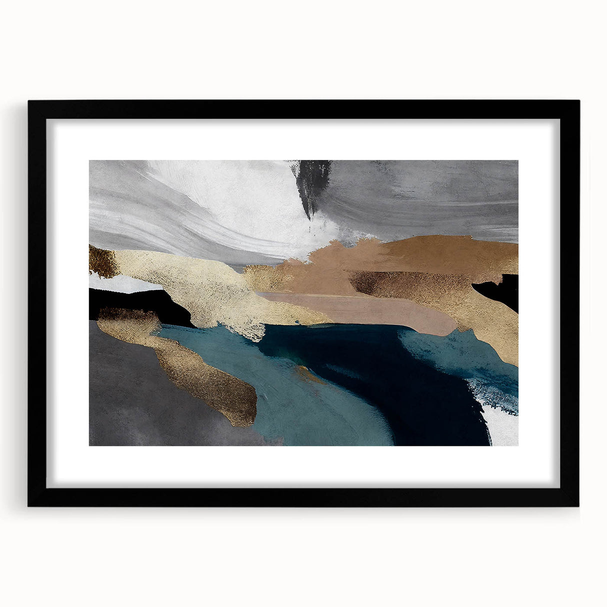 Abstract strokes and lines design in a modern black frame with a mat, showcasing vibrant colors and artistic flair, ideal for contemporary home decor.