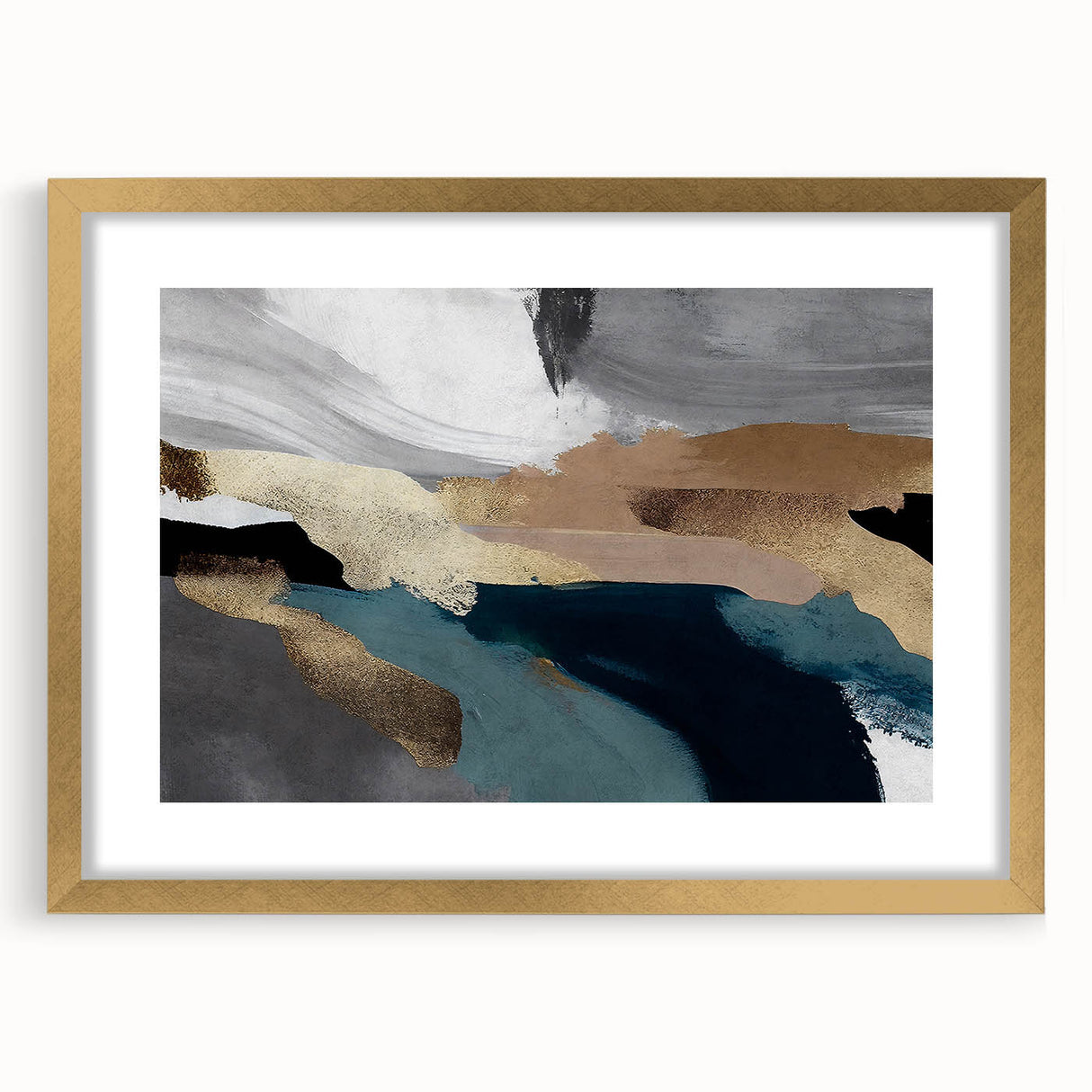 Abstract strokes and lines design framed wall art featuring a gold mat, showcasing modern aesthetic perfect for contemporary home decor. Ideal for enhancing living spaces with elegance.