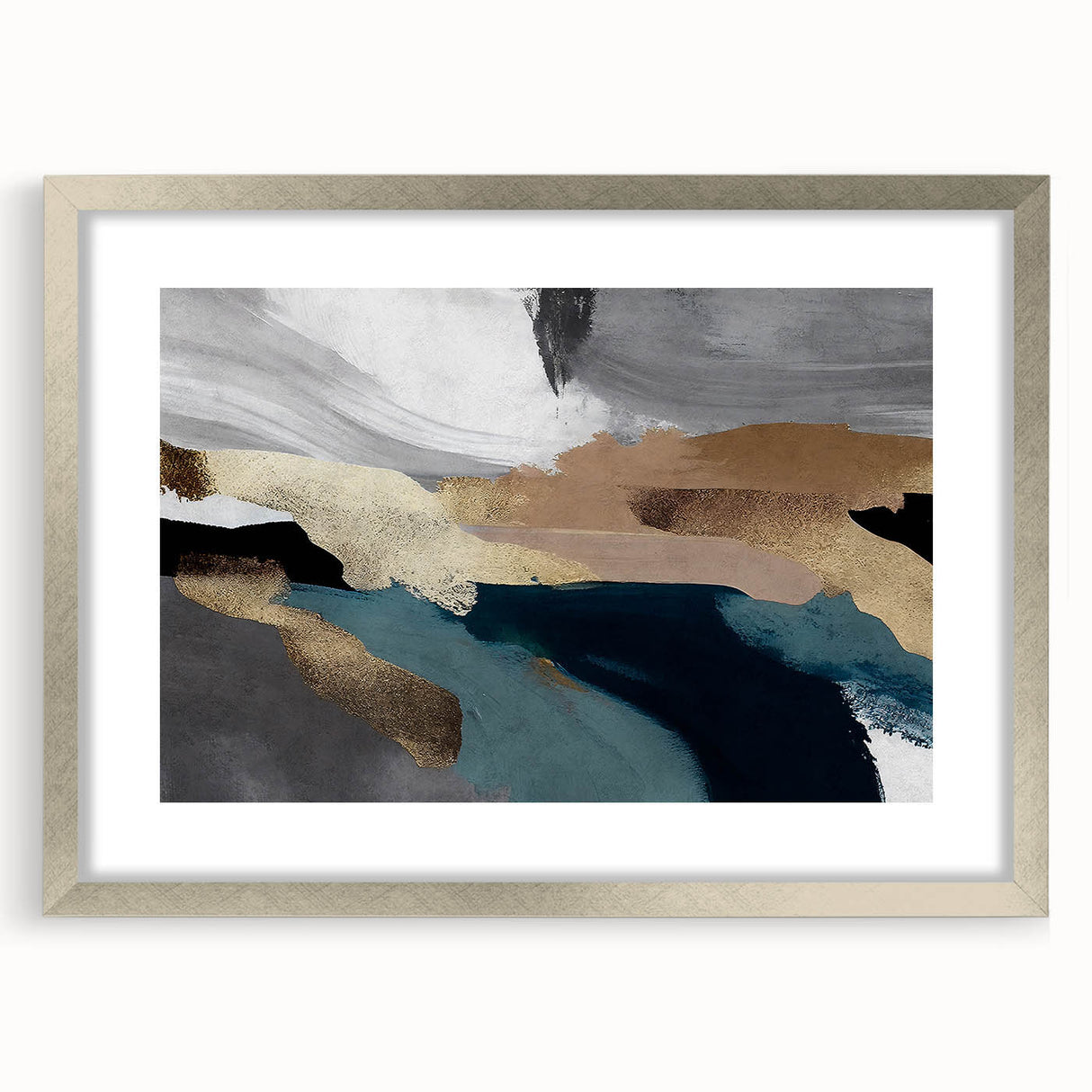 Abstract wall art design showcasing vibrant strokes and lines in a modern aesthetic, framed with a sleek silver mat, ideal for contemporary home decor.