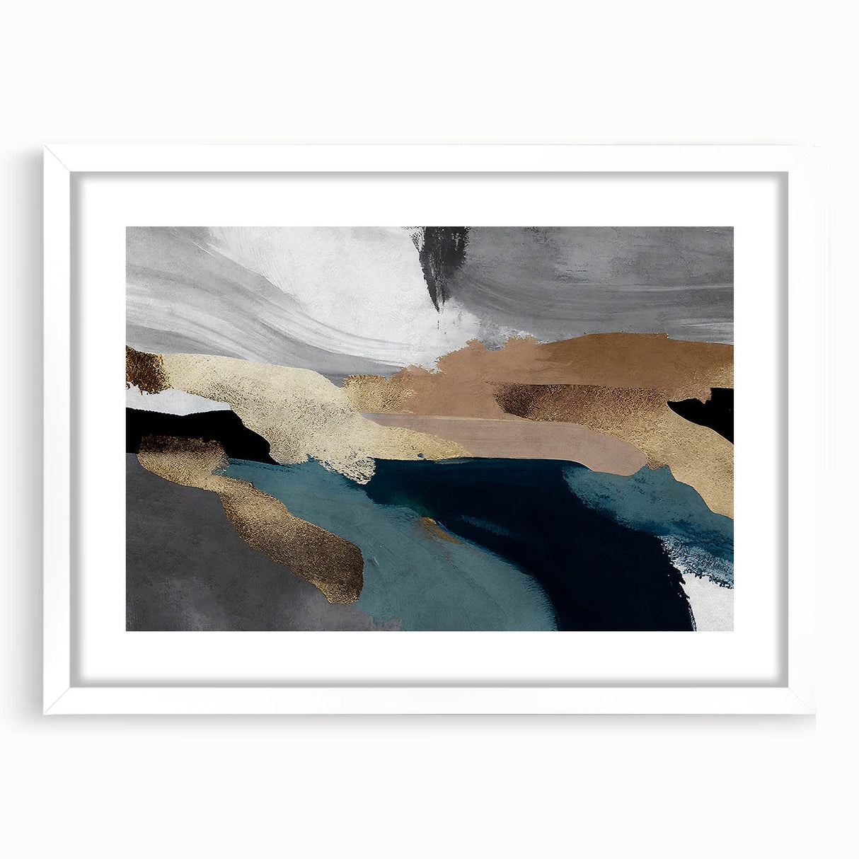Abstract wall art featuring dynamic strokes and lines in a contemporary design, framed with a white mat, showcasing a modern aesthetic perfect for home decor.