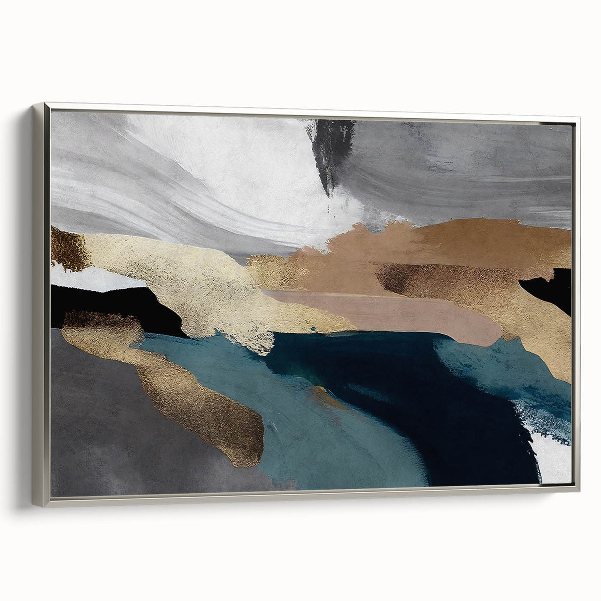 Framed canvas wall art showcasing an abstract design with fluid strokes and lines in silver tones, adding a sophisticated touch to modern decor settings.