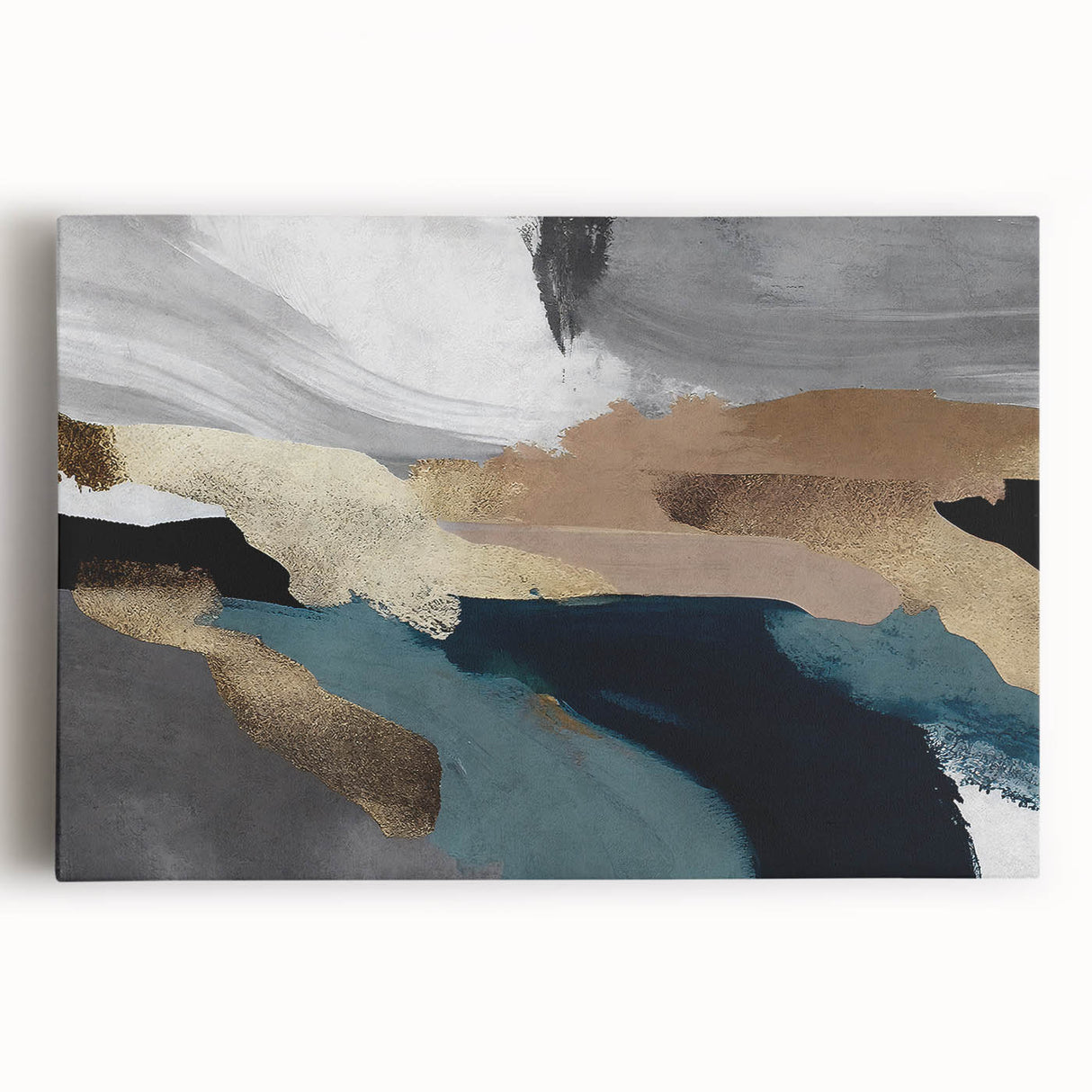 Stretched canvas wall art showcasing an abstract design with vibrant strokes and lines in shades of blue, yellow, and pink, perfect for modern home decor.