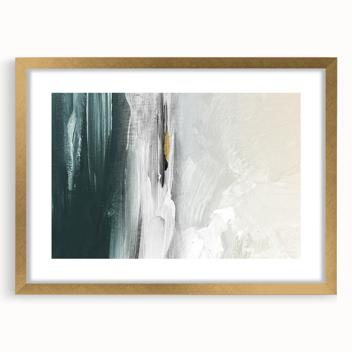 Abstract wall art featuring a modern design of strokes and lines in a gold frame with a mat, ideal for enhancing contemporary home decor. The artwork showcases elegant, muted colors, perfect for stylish living spaces or offices.