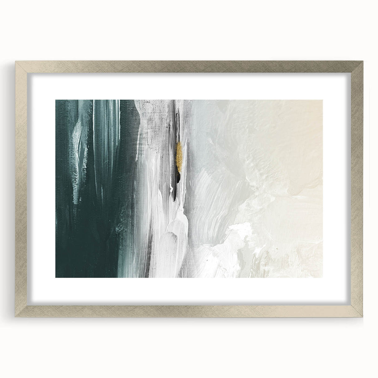 Abstract wall art featuring dynamic strokes and lines in a silver frame with matting, showcasing a modern design ideal for contemporary home decor.