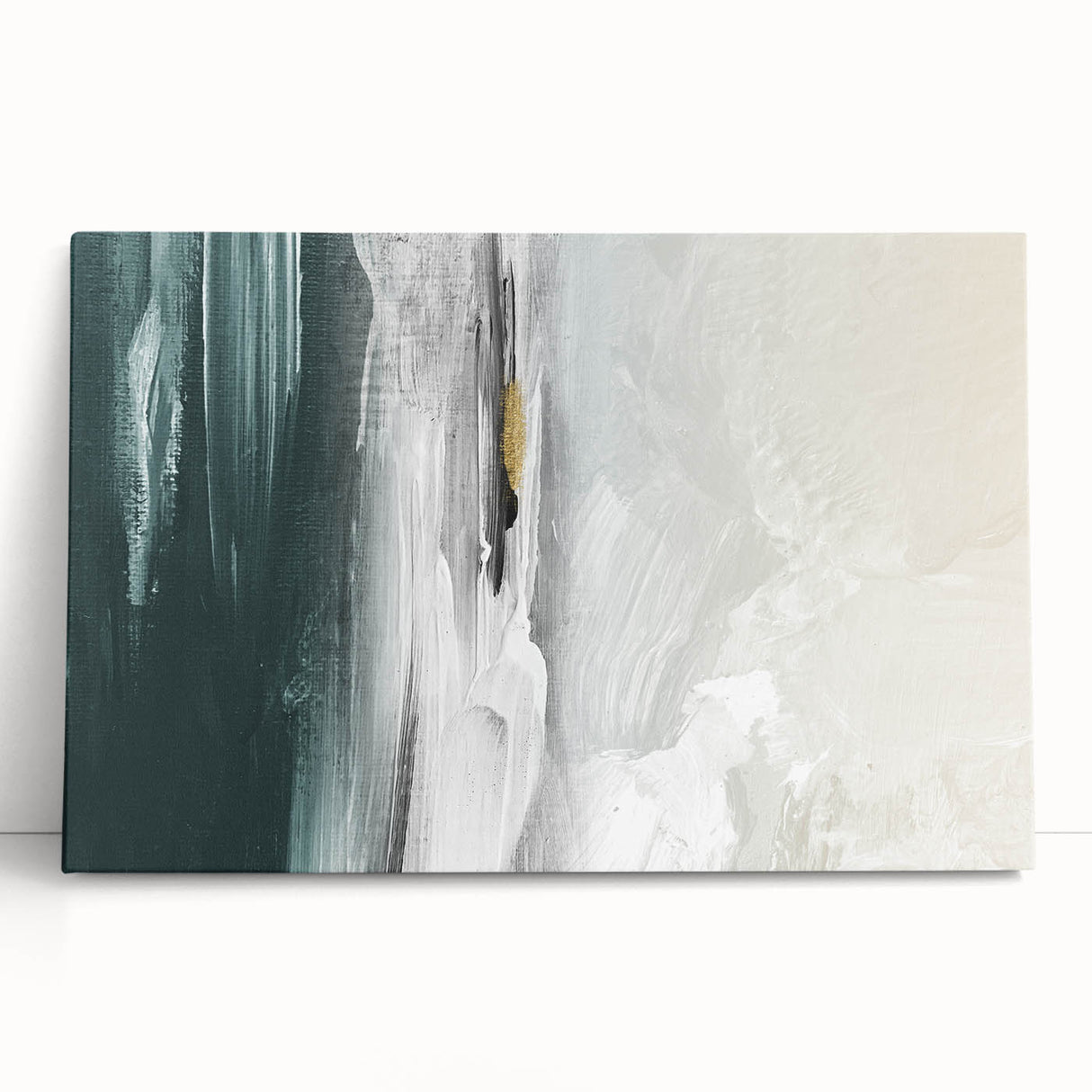 Abstract wall art featuring a vibrant design of colorful strokes and lines on a stretched canvas, leaning against a neutral wall, ideal for modern decor.