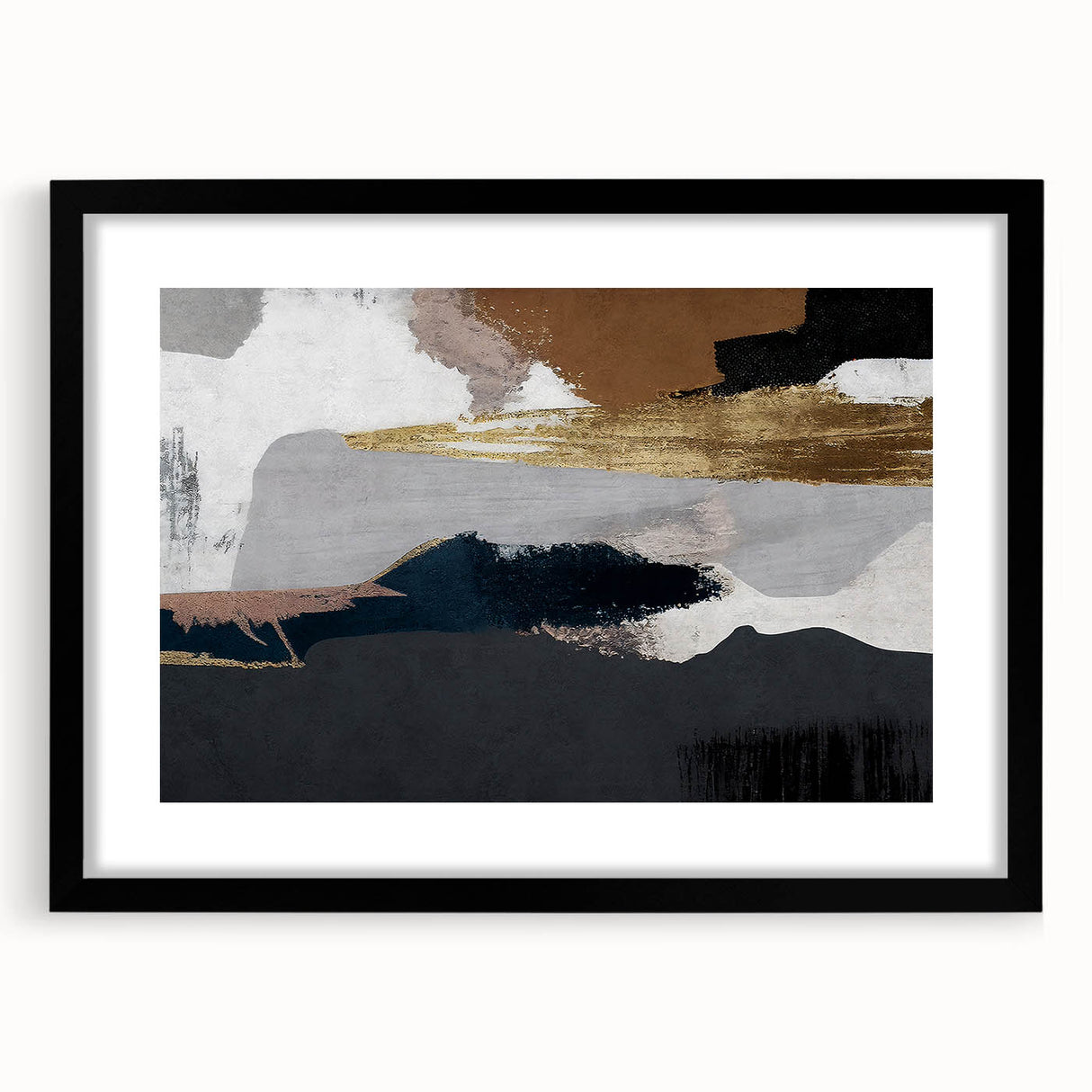Abstract strokes and lines design wall art collection in a sleek black frame with matting, showcasing modern elegance and artistic flair for contemporary decor.