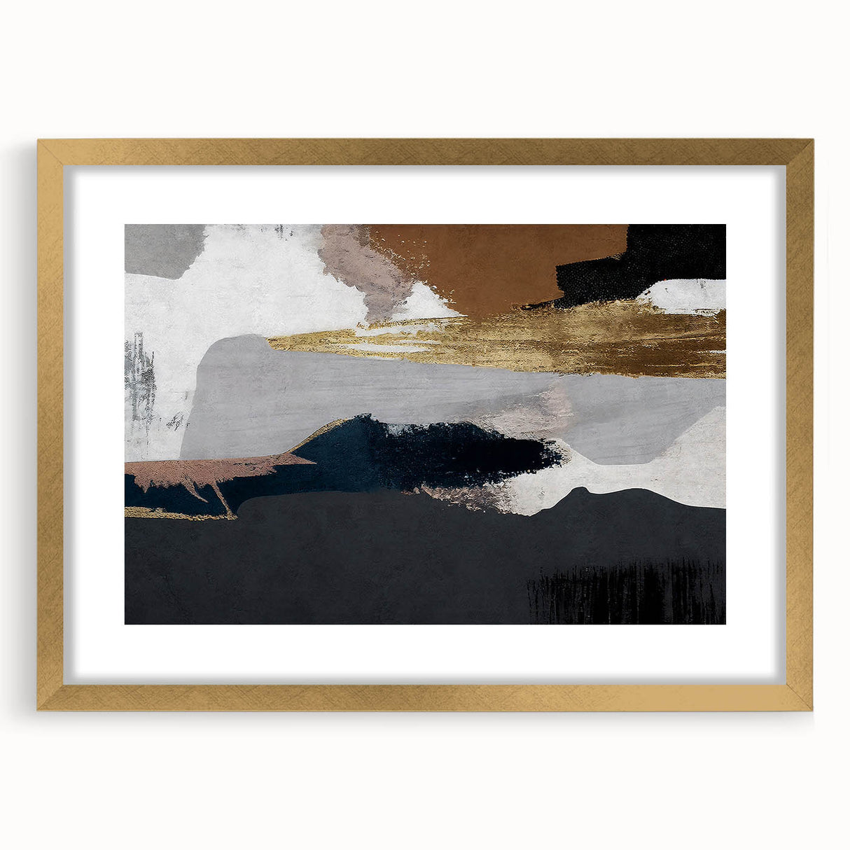 Abstract strokes and lines design wall art collection displayed in a gold frame with a mat, showcasing modern artistic flair suitable for contemporary decor.
