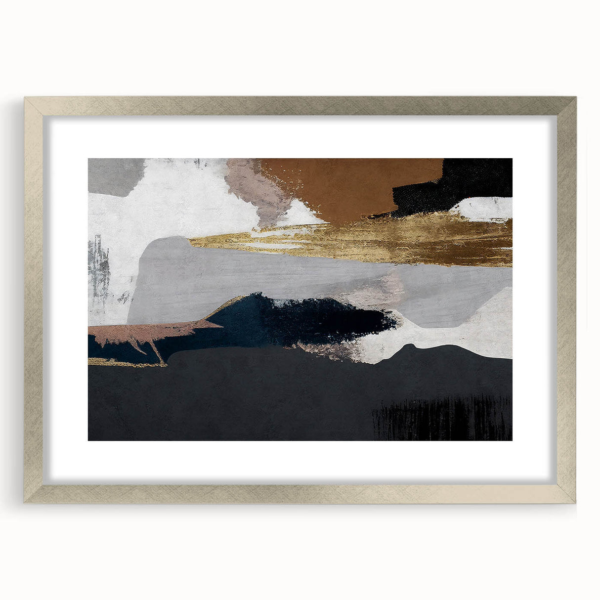 Abstract wall art featuring dynamic strokes and lines in neutral tones, framed with a sleek silver mat, ideal for modern home decor. Perfect for enhancing artistic ambiance.