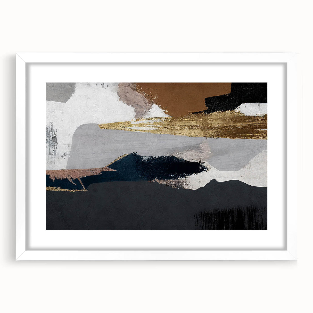 Abstract strokes and lines design wall art collection framed in white with a mat, showcasing a modern aesthetic. Ideal for contemporary home decor.