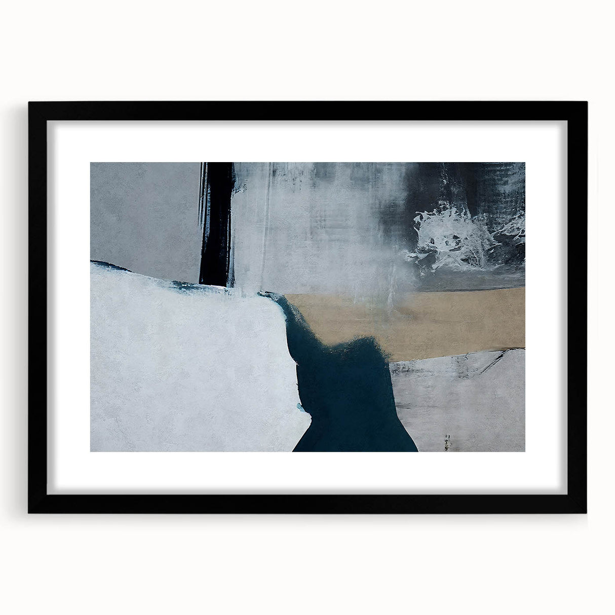 Abstract wall art featuring bold strokes and lines in a modern design, framed in black with a mat, perfect for contemporary home decor. Ideal for adding a touch of sophistication to any room.
