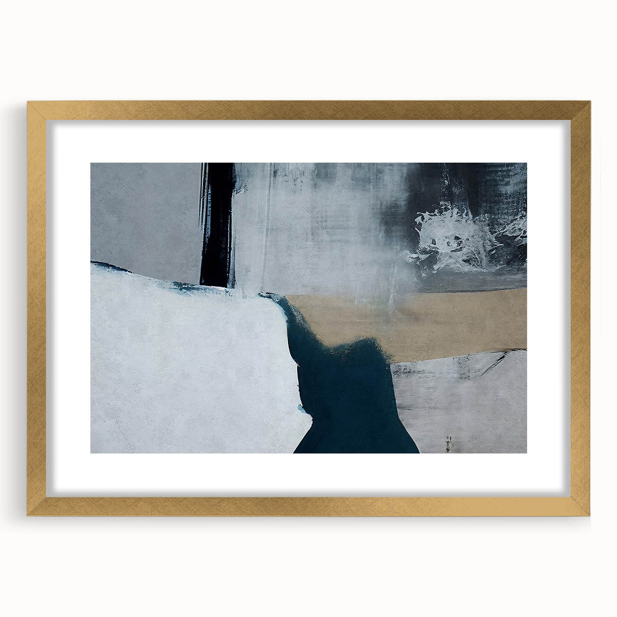 Abstract wall art featuring dynamic strokes and lines in a gold frame with a mat, showcasing a modern design perfect for contemporary decor. Ideal for elevating any space.