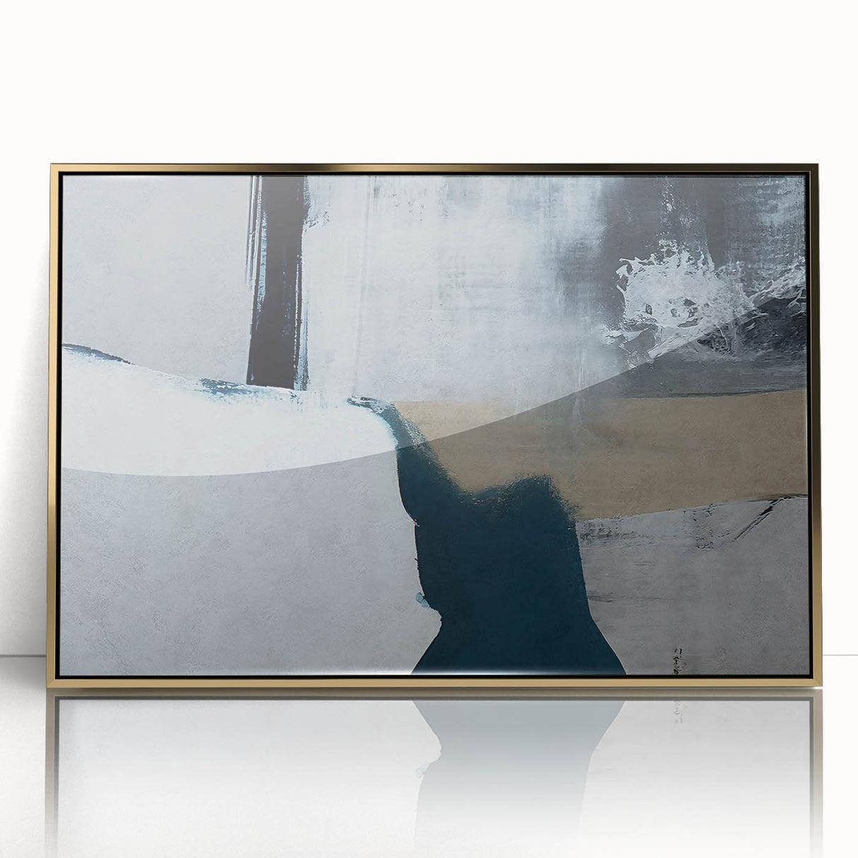 Framed wall art featuring an abstract design with vibrant strokes and lines in gold and white, perfect for modern decor. Ideal for enhancing living spaces.