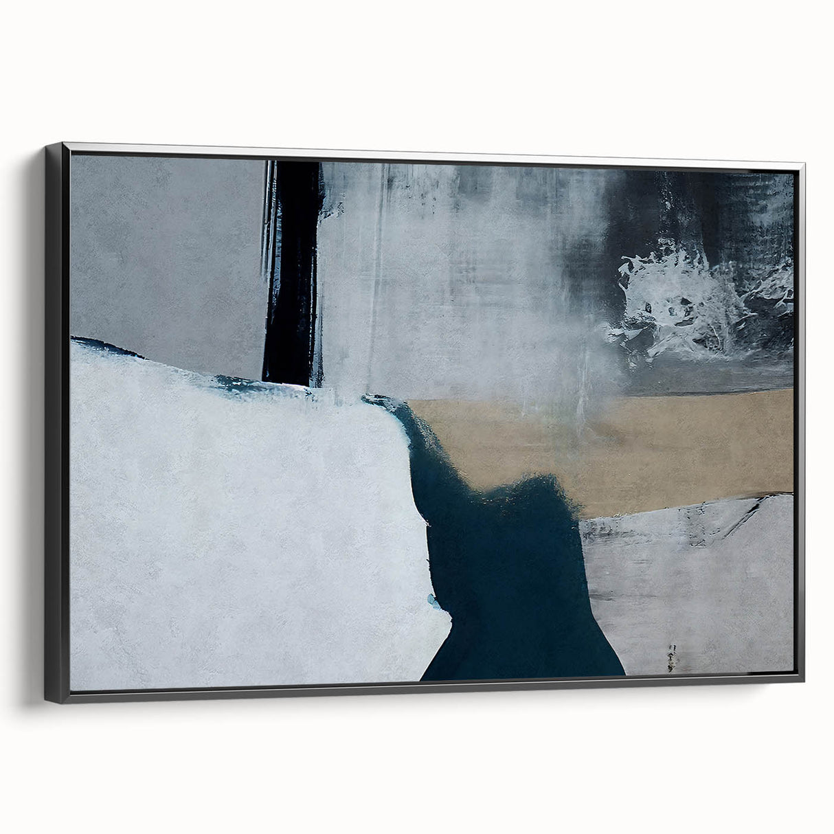 Framed canvas wall art featuring an abstract design of colorful strokes and lines in various shades of blue, orange, and black, showcased from a side view. Ideal for modern home decor, this striking piece enhances any living space with its dynamic composition.