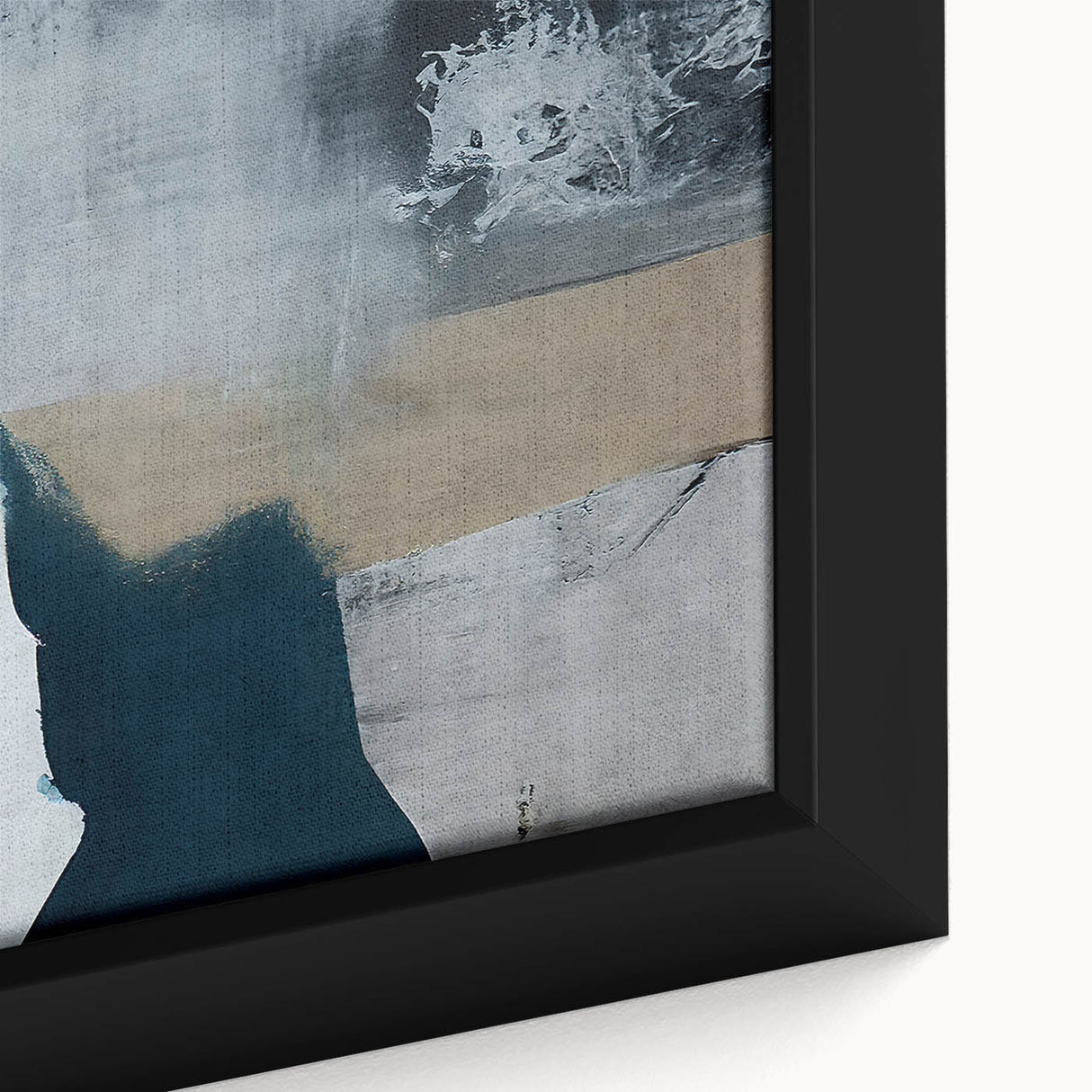 Close-up of a framed canvas showcasing an abstract design with vibrant strokes and lines in shades of blue, yellow, and orange, perfect for modern home decor. Ideal for enhancing living spaces with contemporary art.