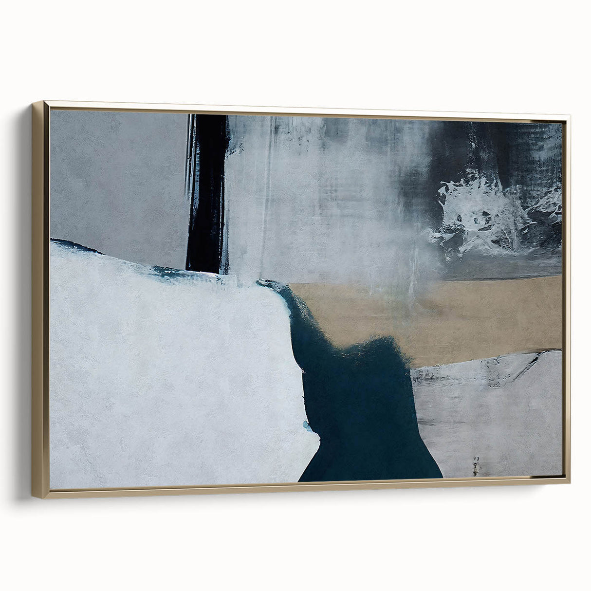 Framed canvas wall art showcasing an abstract design with gold strokes and lines, set against a modern backdrop, ideal for contemporary home decor.