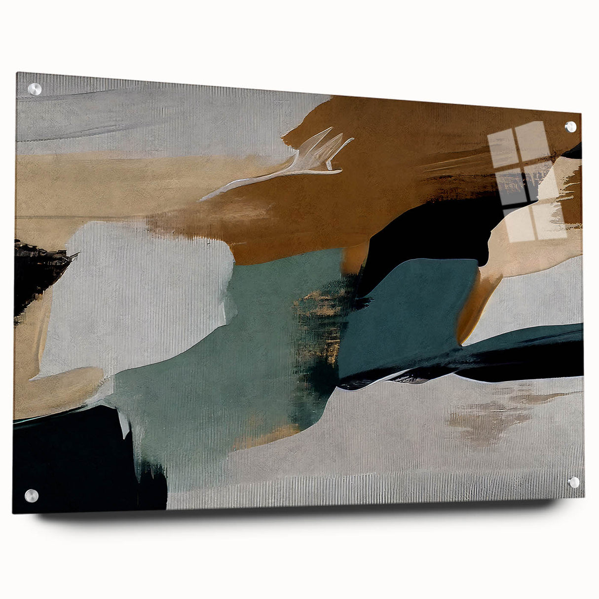 Abstract wall art featuring colorful strokes and lines, displayed in a sleek acrylic frame with pins, showcasing a modern design perfect for contemporary decor.
