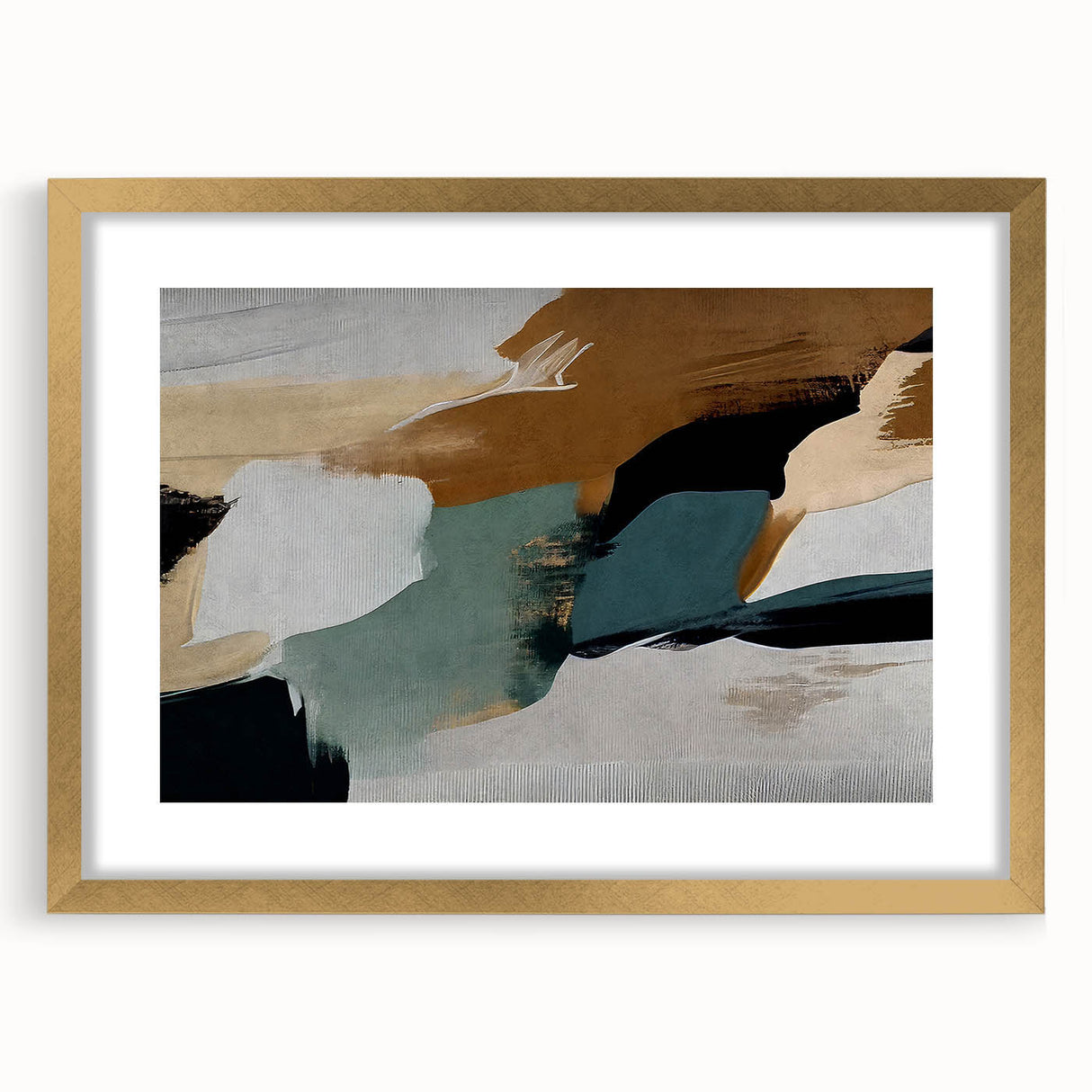 Abstract wall art design featuring elegant strokes and lines in a muted color palette, framed with a gold mat for a sophisticated touch, ideal for modern decor.