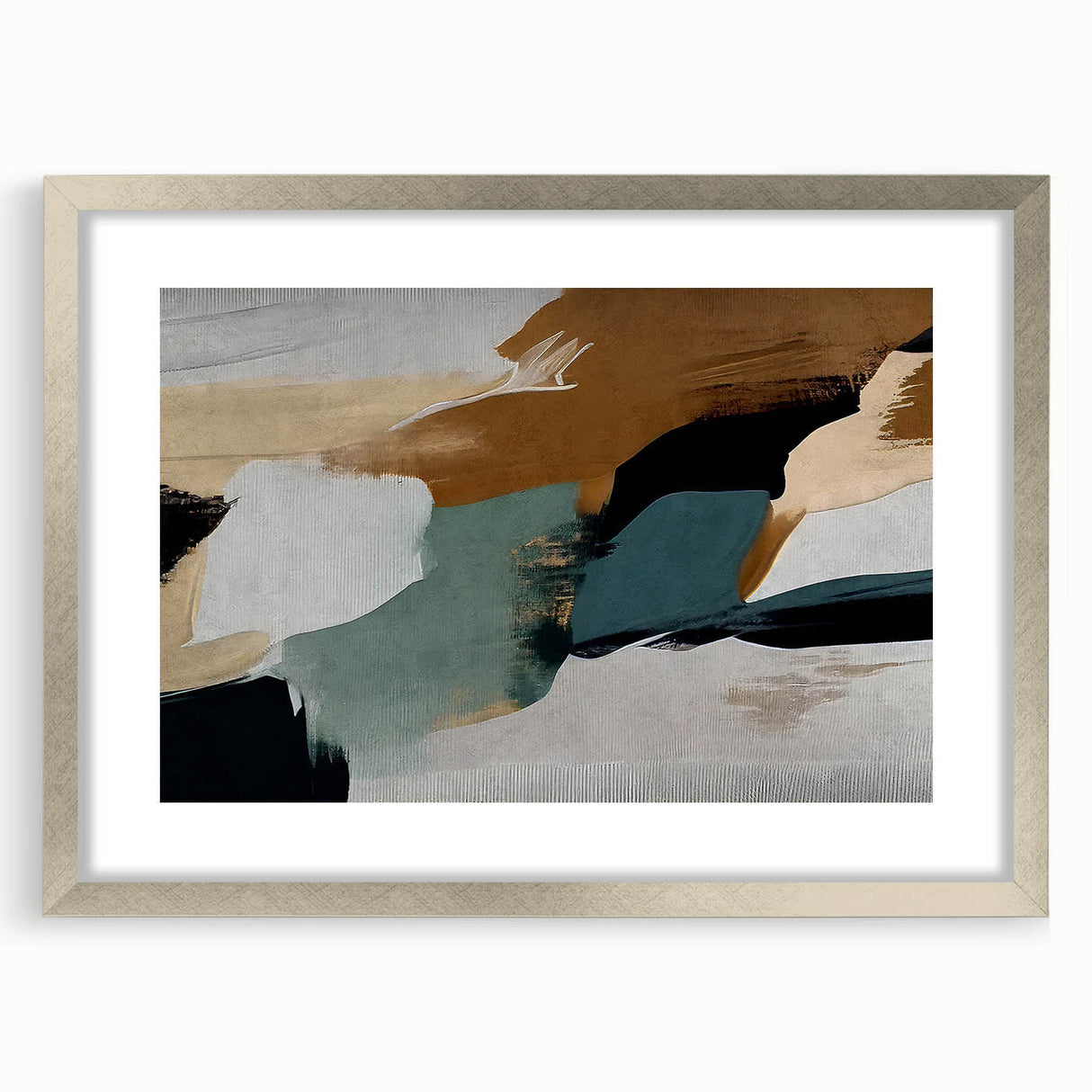 Abstract strokes and lines design wall art framed in silver with a mat, showcasing a modern aesthetic perfect for enhancing contemporary home decor. This versatile artwork adds elegance to living spaces, making it an ideal choice for art enthusiasts.