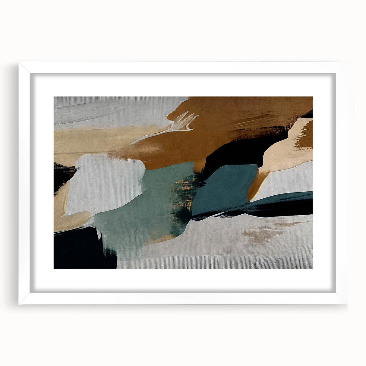 Abstract wall art featuring bold strokes and lines in a modern design, framed with a white mat, perfect for contemporary home decor. This artwork adds a touch of elegance to any living space.