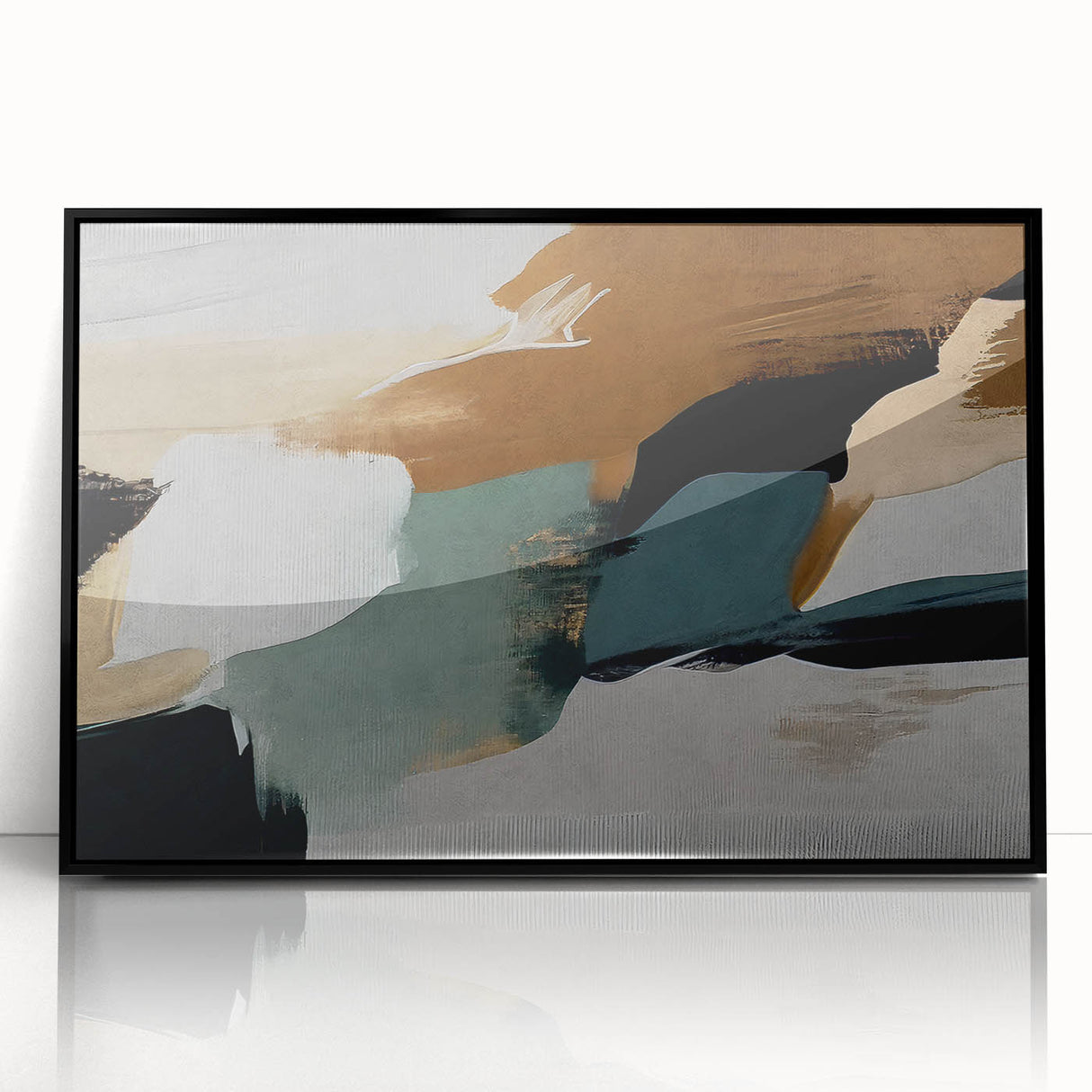 Framed wall art featuring an abstract design of colorful strokes and lines in shades of blue, yellow, and black, ideal for modern home decor.