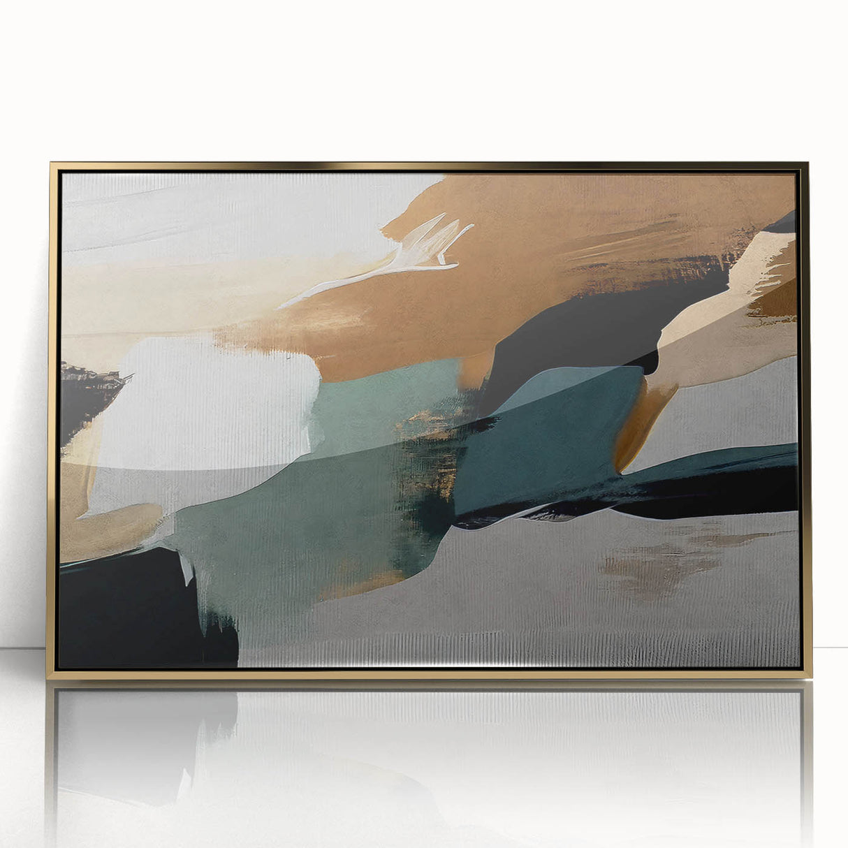 Framed wall art featuring an abstract design of gold strokes and lines on a textured background, ideal for modern home decor. Perfect for adding elegance to any room.