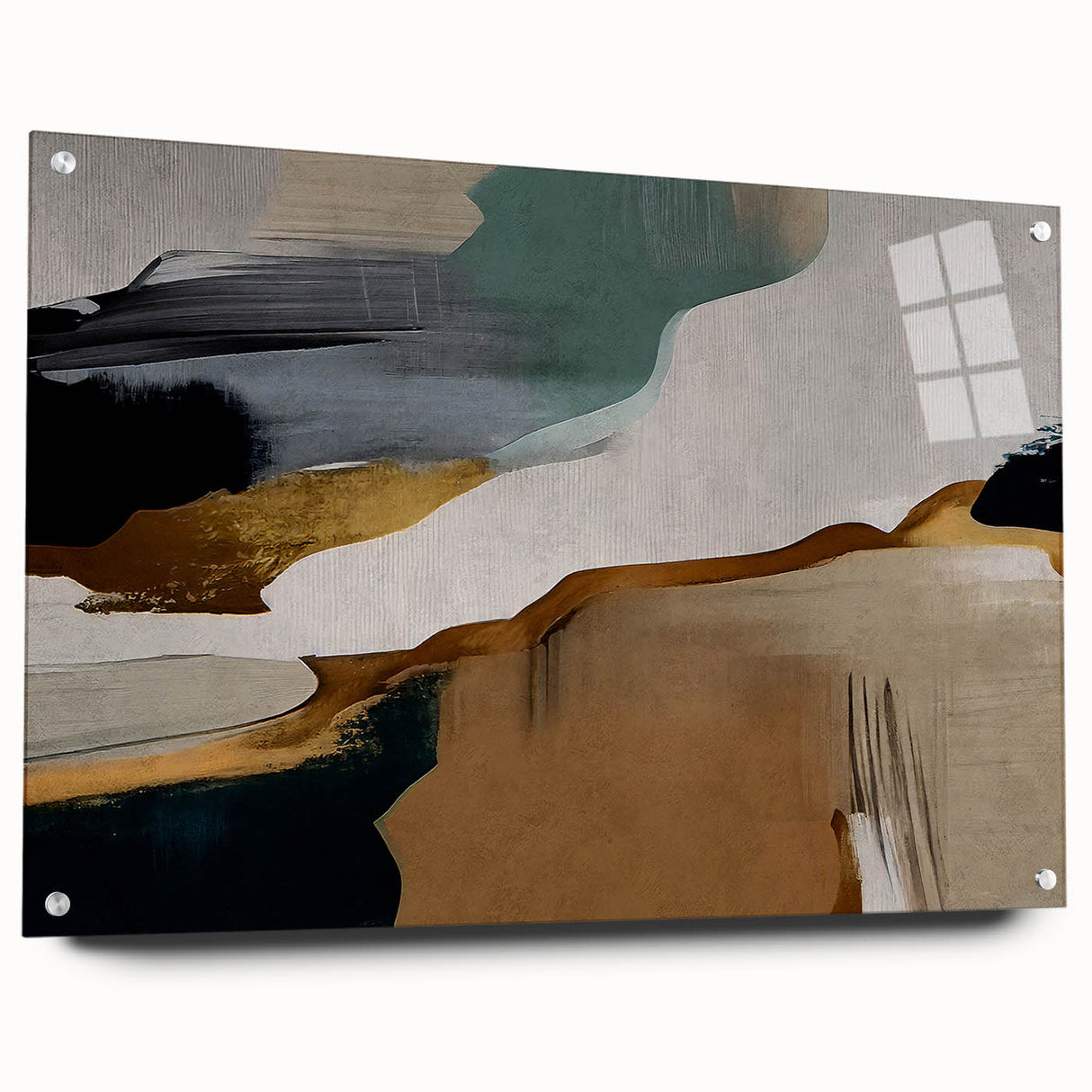 Abstract wall art featuring vibrant strokes and lines in a modern design, displayed in a sleek acrylic frame with visible mounting pins, perfect for contemporary decor.