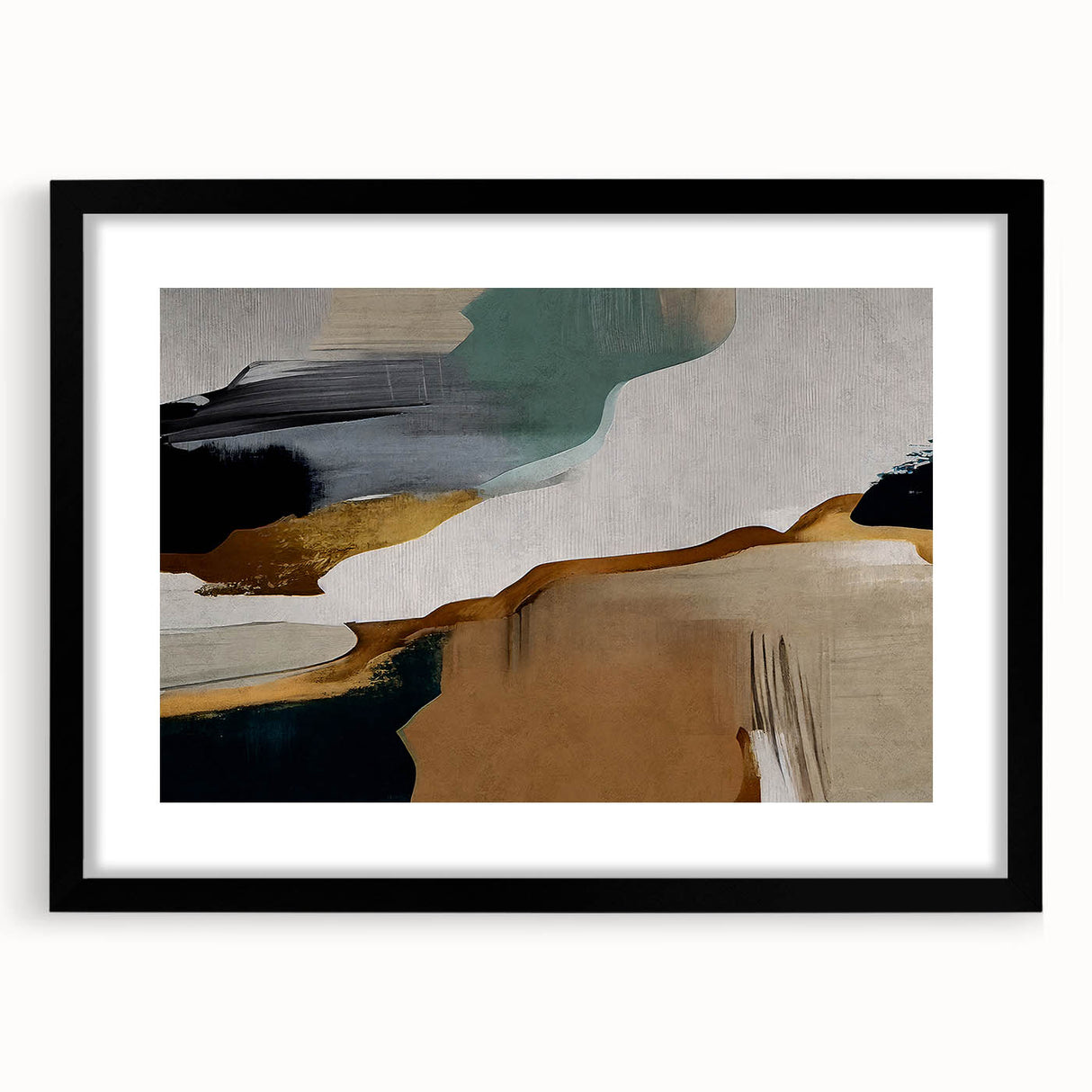 Abstract wall art design showcasing dynamic strokes and lines in a modern black frame with a mat, ideal for adding contemporary flair to any space.