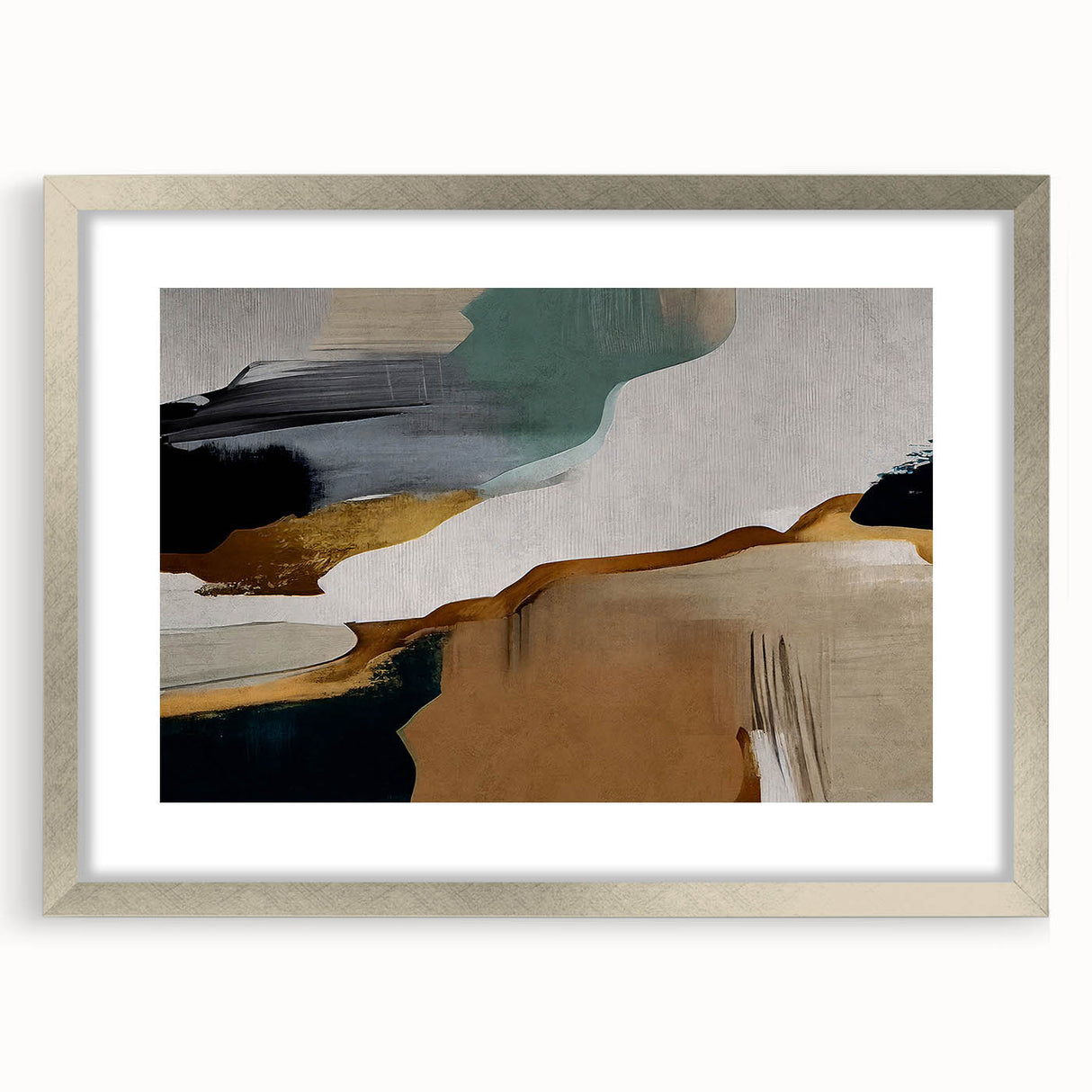 Abstract wall art featuring dynamic strokes and lines in a silver frame with matting, showcasing a modern design that enhances contemporary decor.