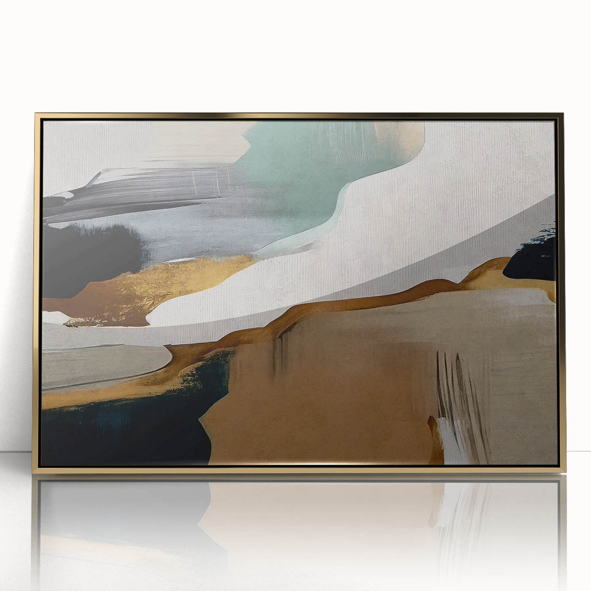 Framed abstract wall art featuring elegant strokes and lines in gold and white, designed to enhance modern interiors with a touch of sophistication.