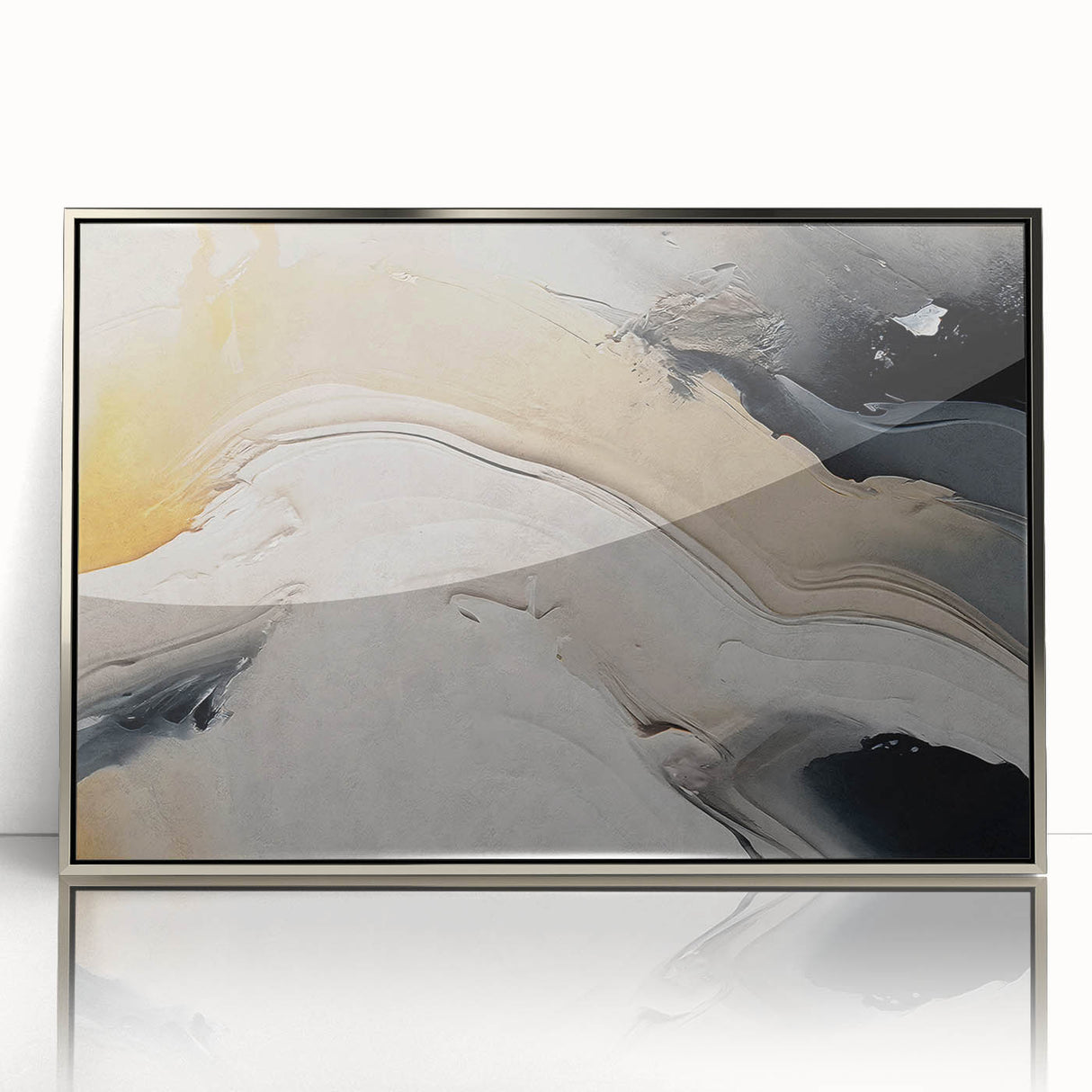 Framed wall art featuring an abstract design of colorful strokes and lines on a silver background, ideal for modern decor, adding elegance and vibrancy to any space.