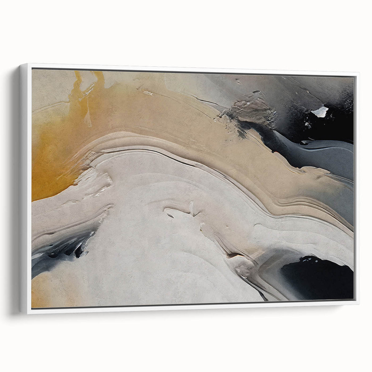 Framed canvas wall art showcasing an abstract design of colorful strokes and lines, featuring a sleek white frame and a side view that highlights its modern aesthetic. Ideal for contemporary home decor, adding a vibrant touch to any room.