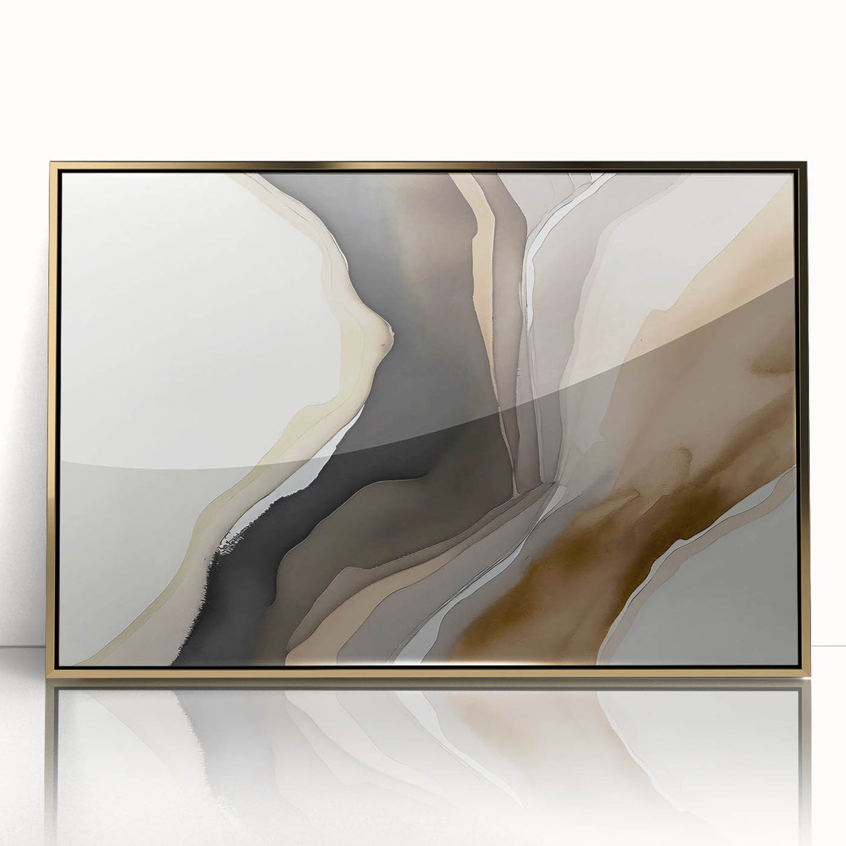 Framed wall art featuring an abstract design of strokes and lines in gold and black, perfect for modern decor. Ideal for enhancing contemporary interior spaces.