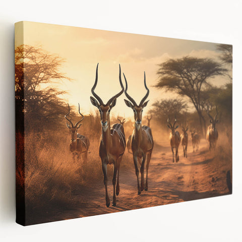 Stretched canvas wall art showcasing a side view of an antelope in a vibrant natural setting, perfect for wildlife enthusiasts and nature-inspired decor.