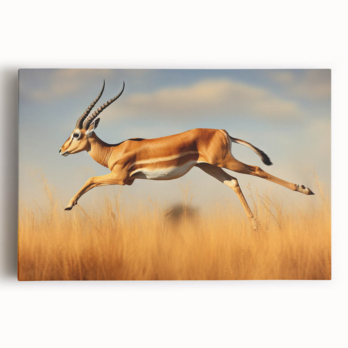 Stretched canvas wall art showcasing a vibrant antelope design in a natural setting, perfect for wildlife enthusiasts and home decor lovers.