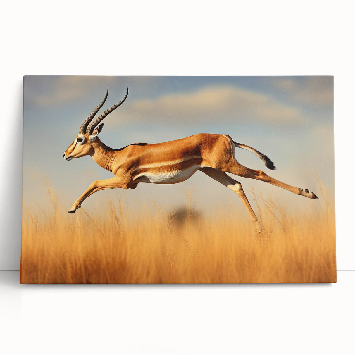 Stretched canvas wall art featuring a vibrant antelope design, showcasing bold colors and intricate details, perfect for wildlife enthusiasts and home decor.