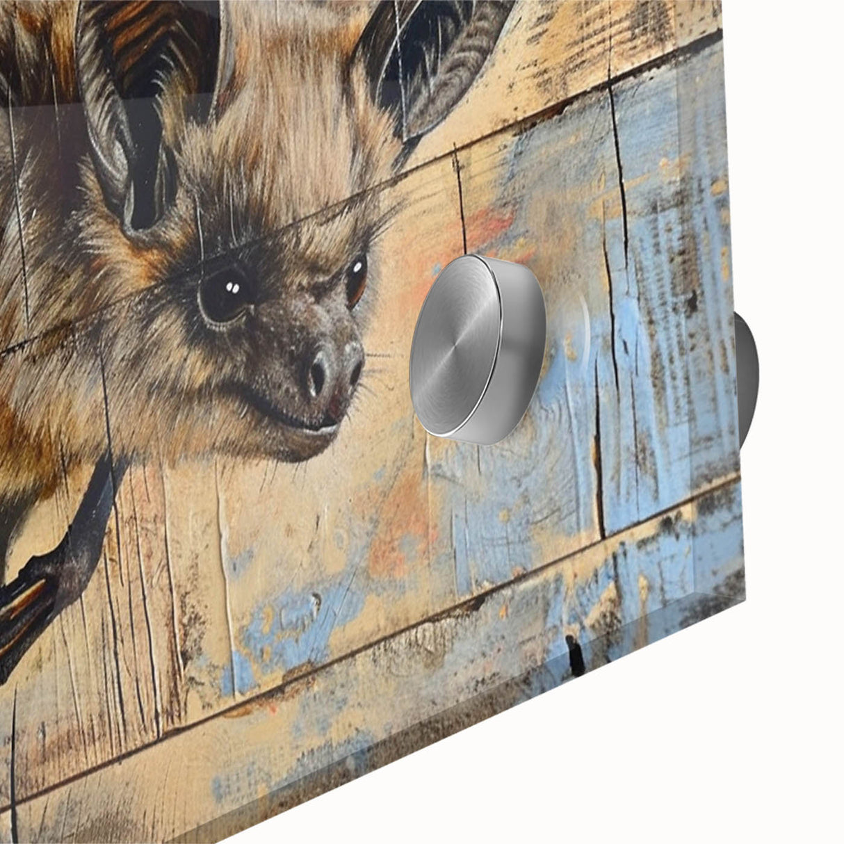 Close-up of a vibrant acrylic wall art piece showcasing a striking bat design, featuring intricate details and rich colors, perfect for wildlife enthusiasts.