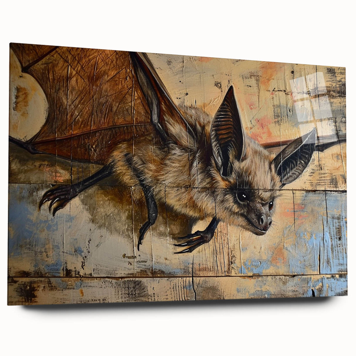 Acrylic wall art collection featuring a unique bat design in a modern side view, showcasing intricate details and vibrant colors, ideal for nature lovers and home decor enthusiasts.