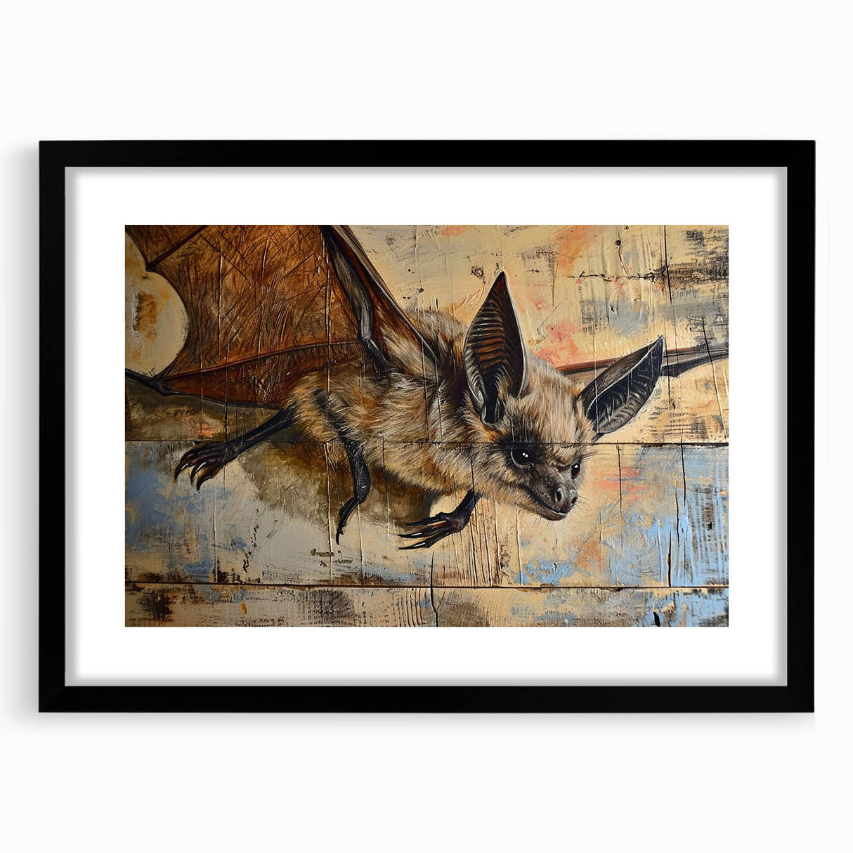 Black-framed wall art showcasing a bat design, part of a four-piece wildlife collection, featuring intricate details and vibrant colors, perfect for animal lovers' decor.