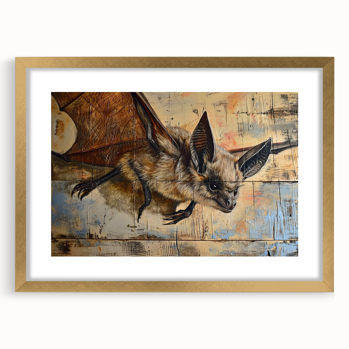 Framed wall art featuring a bat design from the "Animals A Wild Life" collection, elegantly matted with a gold frame, perfect for wildlife-themed decor.