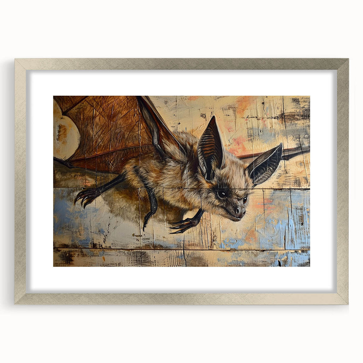 Silver-framed wall art featuring a bat design from the "Animals A Wild Life" collection, showcasing intricate details and elegant matting for a sophisticated look.