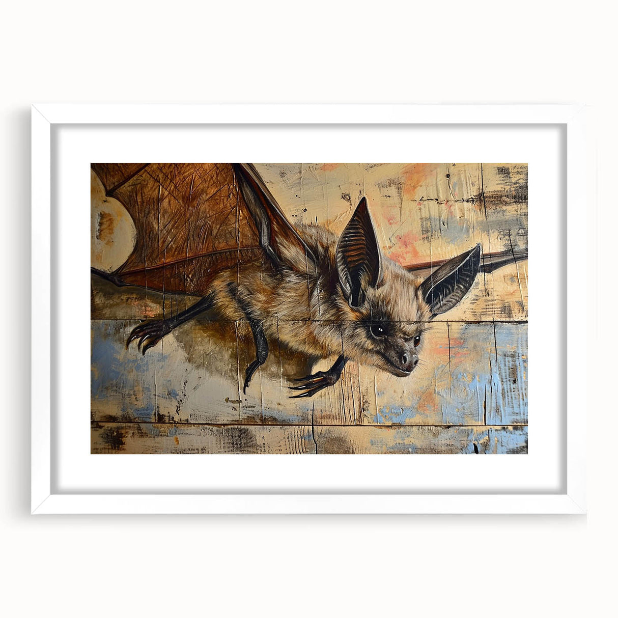Framed wall art featuring a bat design, showcasing intricate details and a white mat, perfect for wildlife enthusiasts and modern decor. Ideal for enhancing living spaces.