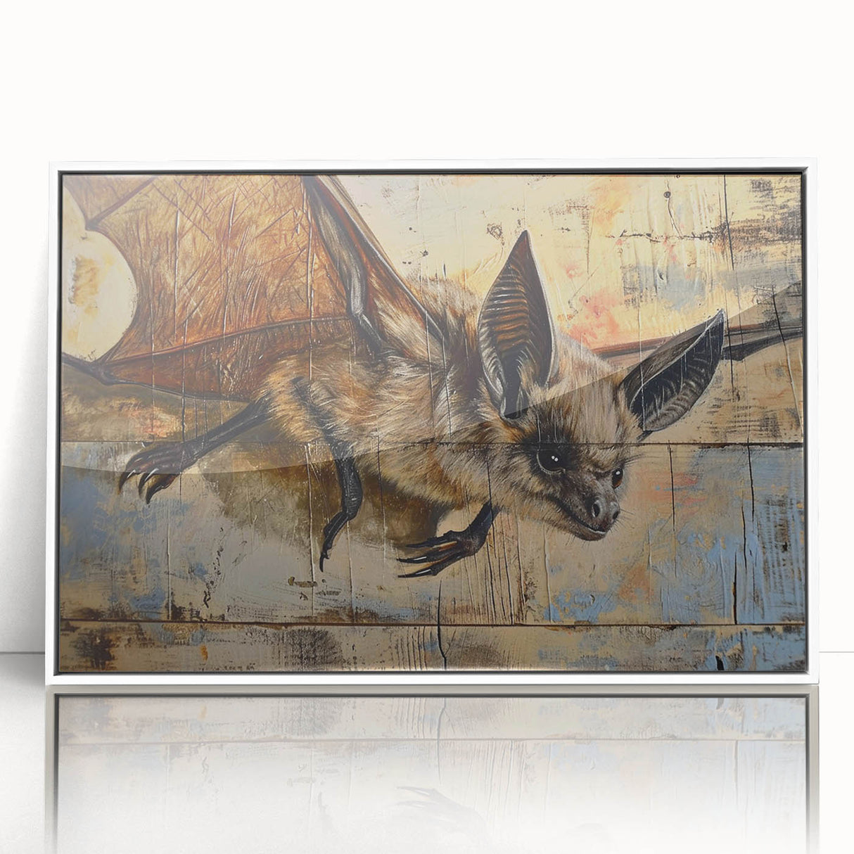 Framed wall art featuring a bat design from the "Animals of the Wild" collection, set in a sleek white frame, perfect for nature-themed decor. The acrylic material enhances vibrant colors, making it an eye-catching piece for home or office spaces.