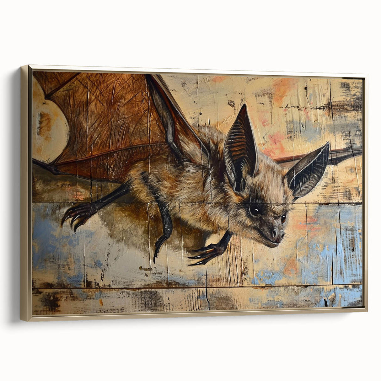 Framed wall art featuring a bat design from the "Animals A Wild Life" collection, showcasing intricate details and a gold frame, perfect for nature enthusiasts.