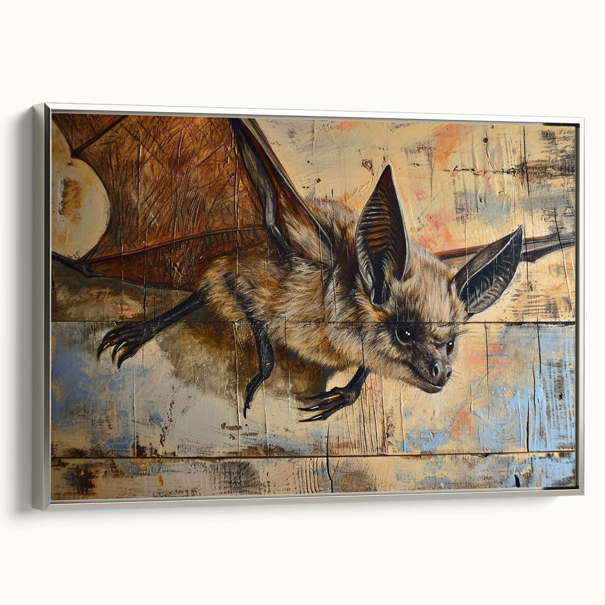 Framed canvas wall art featuring a silver side view of a bat design, showcasing intricate details and textures, perfect for nature enthusiasts and home decor.