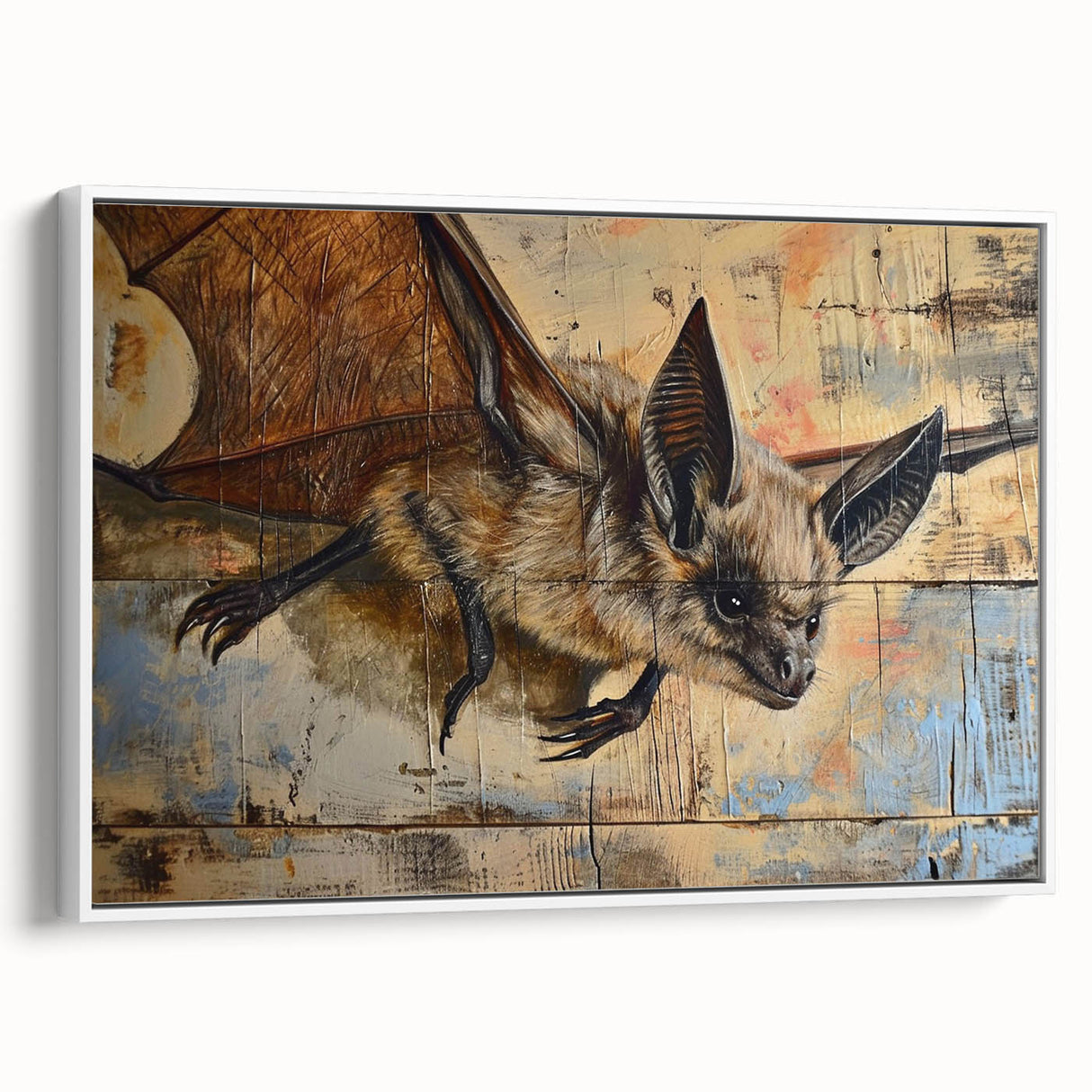 Framed canvas artwork featuring a bat design from the "Animals of the Wild" collection, showcasing intricate details and a white frame, perfect for nature-themed decor.