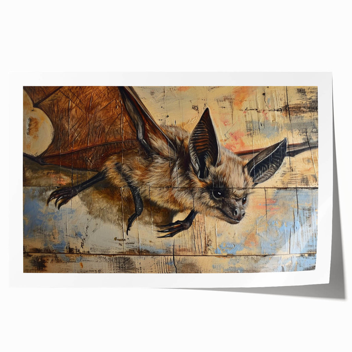 Bat design wall art print showcasing intricate details and vibrant colors, rolled and packaged in a protective cardboard tube for easy display and storage.