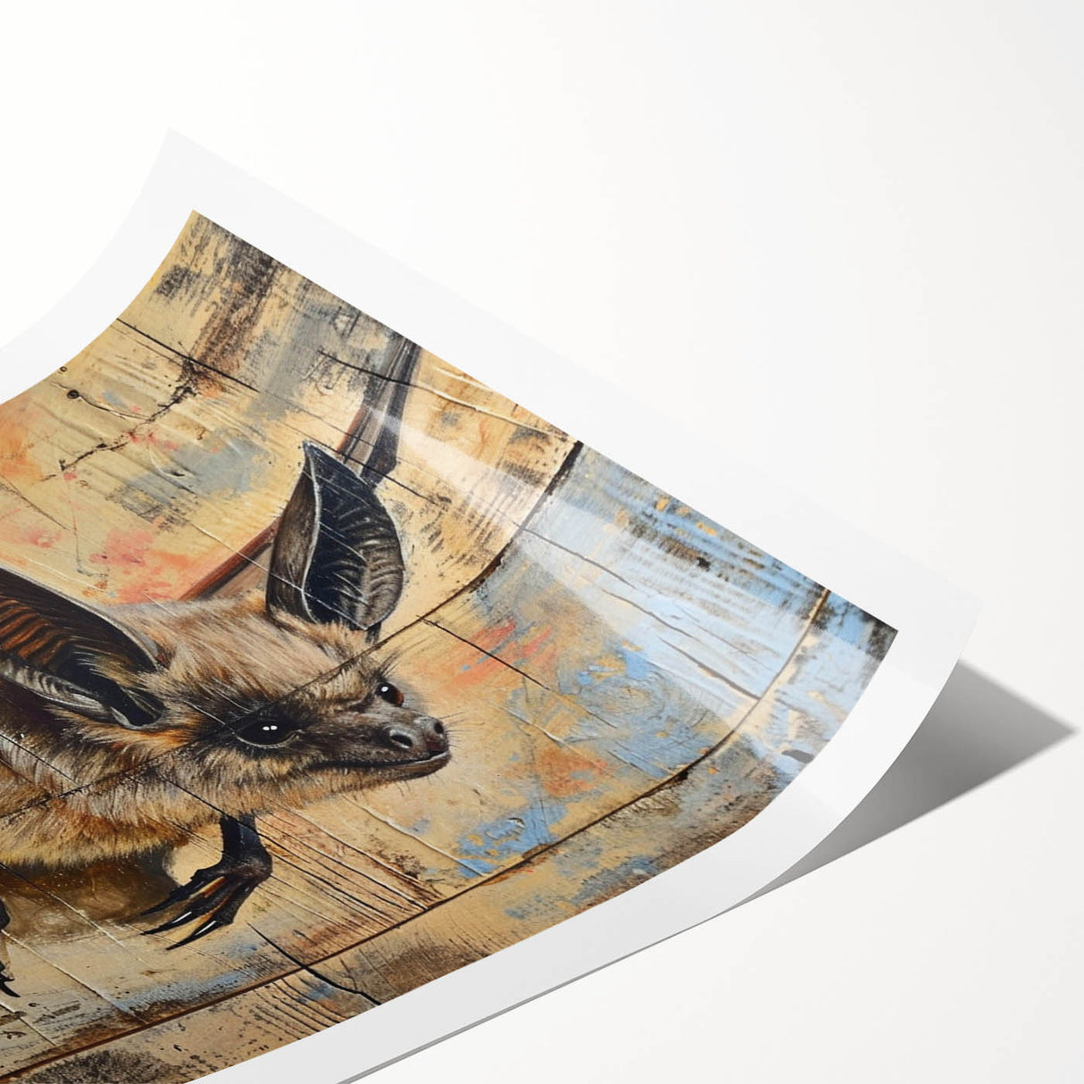 Bat-themed wall art print showcasing intricate designs and vibrant colors, rolled for easy transport and display, perfect for wildlife enthusiasts and home decor lovers.